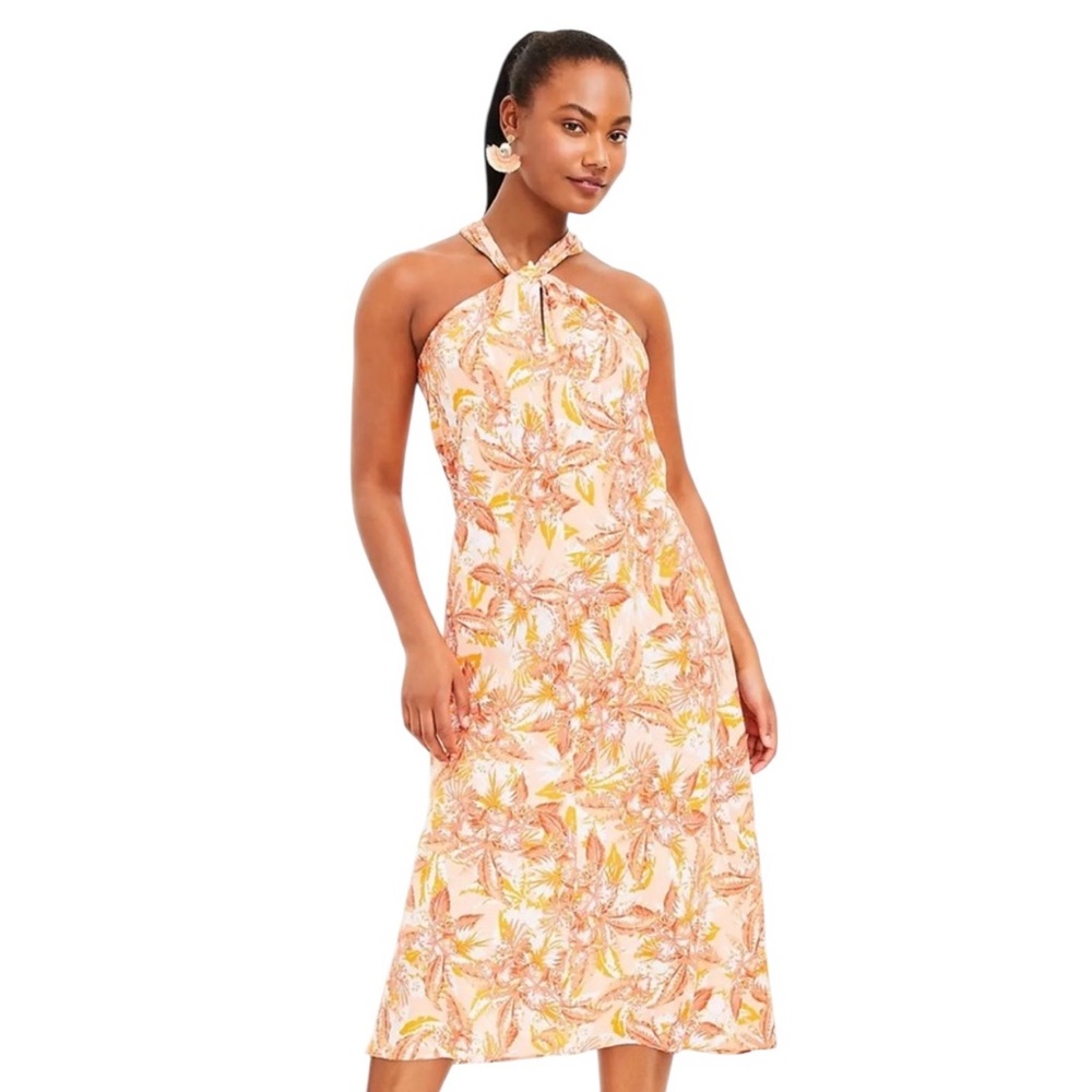 LOFT Pink, Yellow and Cream Floral Halter Midi Dress